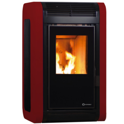 Lareira a pellet vermelha com porta frontal preta e chama visível