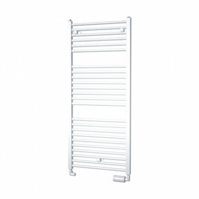 Toalheiro aquecido metálico branco com barras horizontais e válvulas inferiores