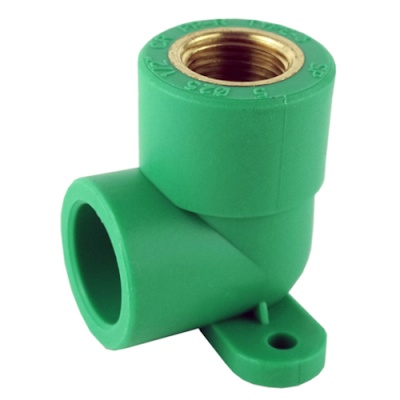 Joelho de tubo verde em plástico com rosca metálica e base para fixação
