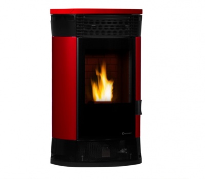 Recipiente para aquecimento metálico vermelho e preto com chama visível no vidro frontal