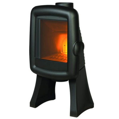 Fogão a lenha em ferro fundido preto com porta de vidro e chama interior