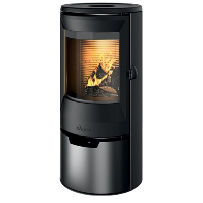 Lareira a lenha preta com vidro frontal e fogo visível