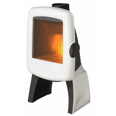 Lareira elétrica decorativa branca e preta com visor de vidro e luz laranja simulando fogo