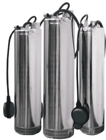 Três bombas submersíveis de aço inoxidável com cabos pretos e boias flutuantes pretas