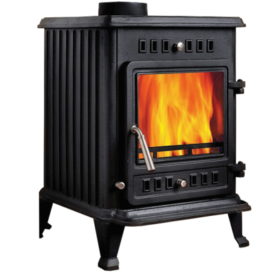 Fogão a lenha preto em ferro fundido com porta de vidro mostrando fogo