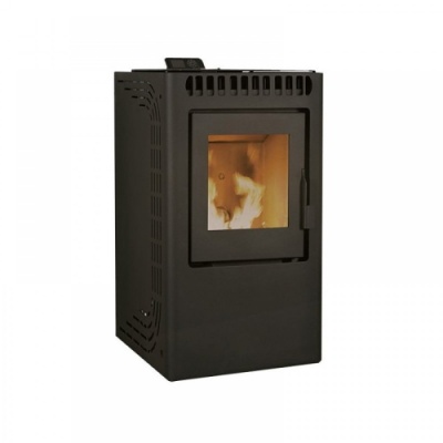 Estufa a pellets preta com porta de vidro frontal e grelhas laterais