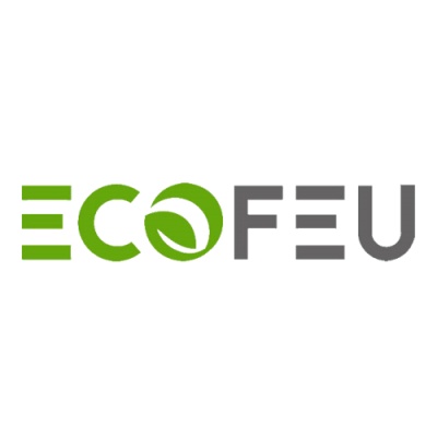 Logótipo ECOFEU com letras verdes e cinzentas e símbolo de folha