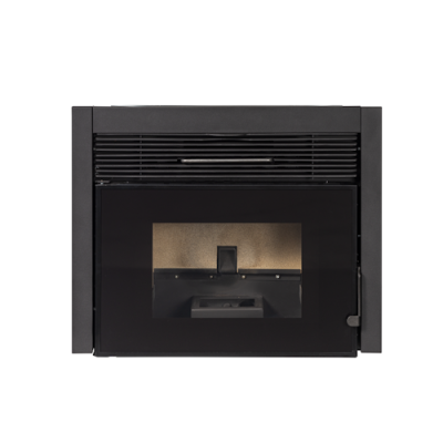 Lareira a pellet preta com vidro frontal e grelha superior