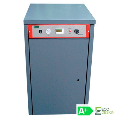 Caldeira industrial cinzenta com painel de controlo vermelho e etiquetas A+ e ECO DESIGN