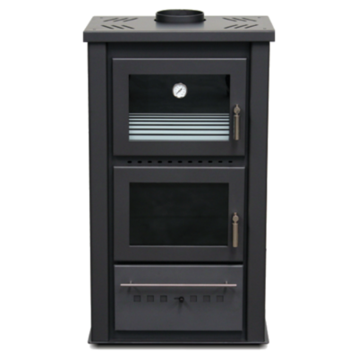 Fogão a lenha preto com duas portas de vidro e termómetro