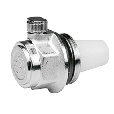 Válvula metálica prateada com peça plástica branca e parafuso ajustável