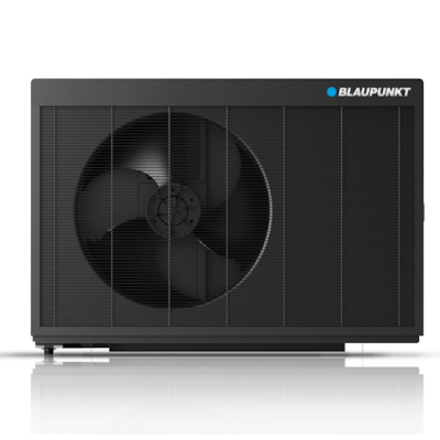 Unidade externa preta de ar condicionado Blaupunkt com ventoinha visível.