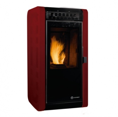 Estufa de pellets vermelha com porta de vidro preta e chama visível