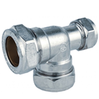 Conector T metálico prateado com acabamentos hexagonais para fixação