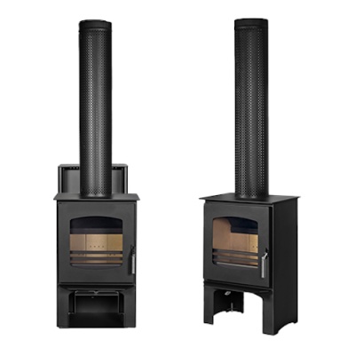 Duas lareiras a lenha pretas com porta de vidro e tubo de escape perfurado
