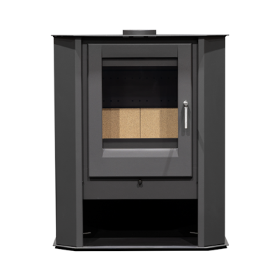 Lareira cinza escuro com porta de vidro e tijolos refratários no interior