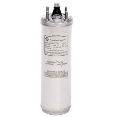 Condensador branco cilíndrico para motor submersível com terminais e etiqueta Franklin Electric.