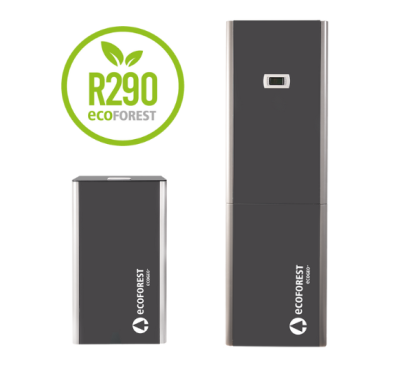 Equipamentos Ecoforest pretos, texto ECOFOREST e símbolo R290 ECOFOREST