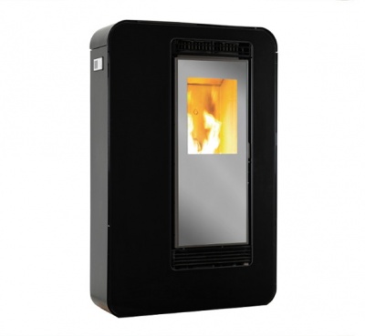 Lareira moderna preta com janela de vidro e fogo dentro