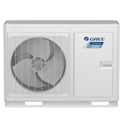 Unidade exterior branca de ar condicionado com ventoinha e porta lateral.