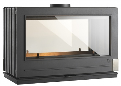 Lareira fechada em metal cinza com vidro frontal