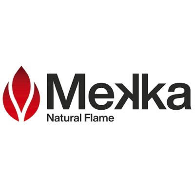 Logotipo Mekka com chama vermelha e texto Natural Flame