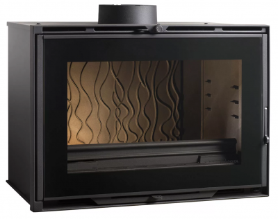 Lareira fechada preta com vidro e interior ondulado bege