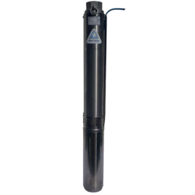 Bomba submersível metálica preta com etiqueta Water Delta