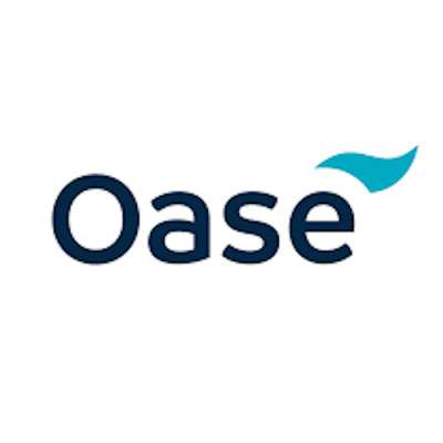 Logo da marca Oase com texto azul e forma azul claro