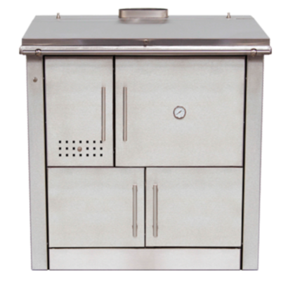 Fogão a lenha metálico branco com termómetro e quatro portas