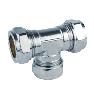 Ligação em T metálica para tubagens com porcas hexagonais prateadas