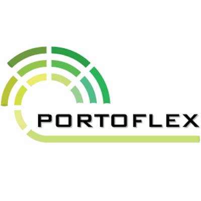 Logotipo com semi-arco verde e amarelo e texto PORTOFLEX preto