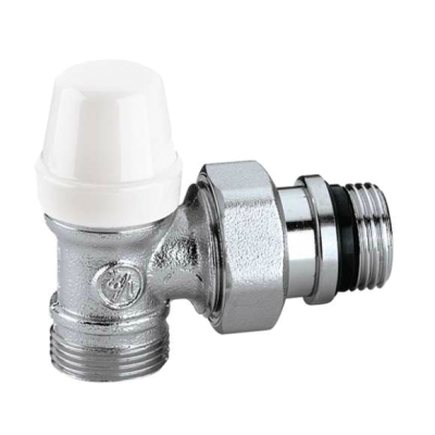 Válvula de ângulo metálica com tampa branca e roscas visíveis