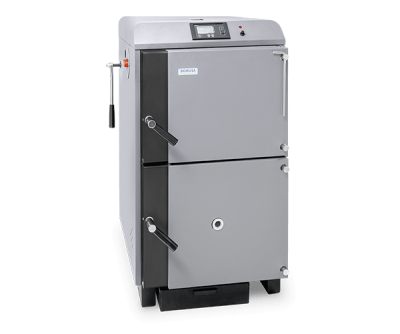 Caldeira industrial cinzenta com visor digital e etiquetas