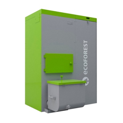 Equipamento industrial cinzento e verde com texto ECOFOREST
