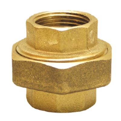 Peça de união metálica dourada para tubos com porcas sextavadas
