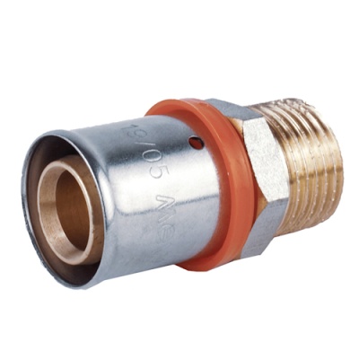 Conector metálico prateado com rosca dourada e anel laranja