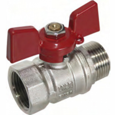 Válvula de esfera metálica com punho vermelho em forma de asa