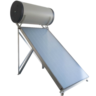 Painel solar térmico com reservatório branco e painel azul inclinado