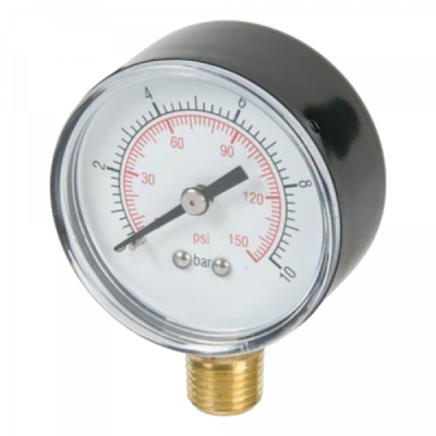 Manómetro com escala em bar e psi, corpo preto e base metálica.