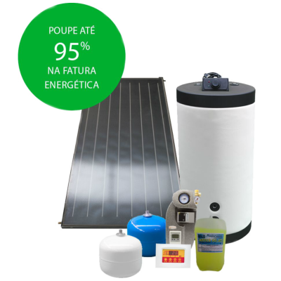 Sistema solar térmico com painel plano cinza, caldeira branca e acessórios em fundo branco