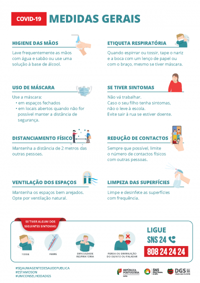 Cartaz COVID-19 com medidas gerais de higiene e prevenção, texto em português e ilustrações