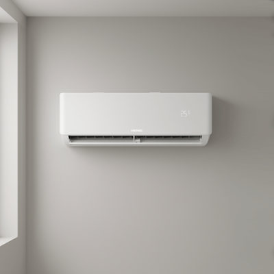 Ar condicionado branco na parede cinzenta com visor a mostrar 25 graus.