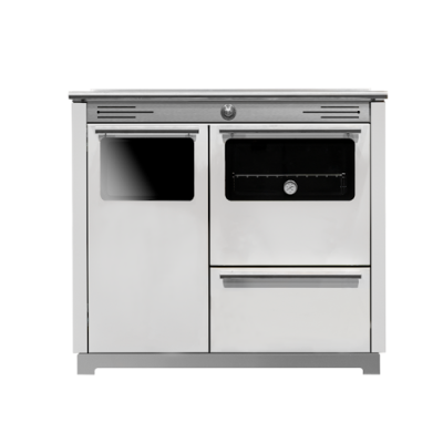 Fogão combinado branco com forno e chapa de metal