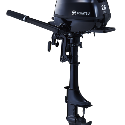 Motor de popa preto Tohatsu 2.5 HP com alavanca e hélice