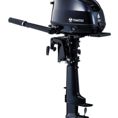 Motor fora de borda Tohatsu preto com pega longa e texto branco
