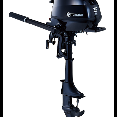 Motor fora de borda Tohatsu preto com potência 3.5 e alavanca de direção