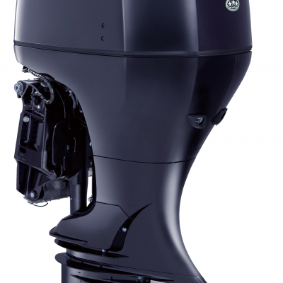 Motor de popa Tohatsu FourStroke preto com hélice metálica prateada