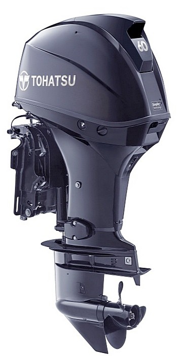 Motor de barco Tohatsu preto com textos brancos e número 60.
