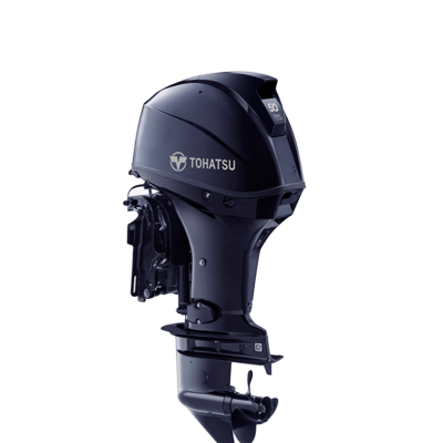 Motor de barco Tohatsu preto com texto e hélice